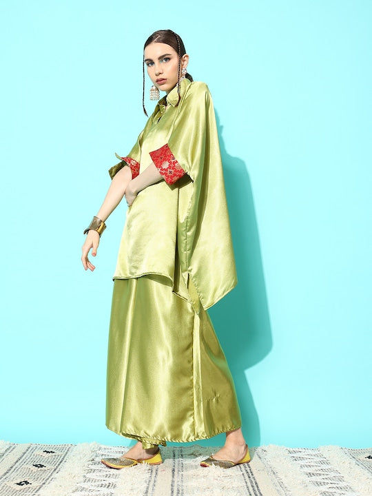 InWeave Women's Olive Red Brocade Satin Boho Kurta Palazzo Set - Swadesiicart