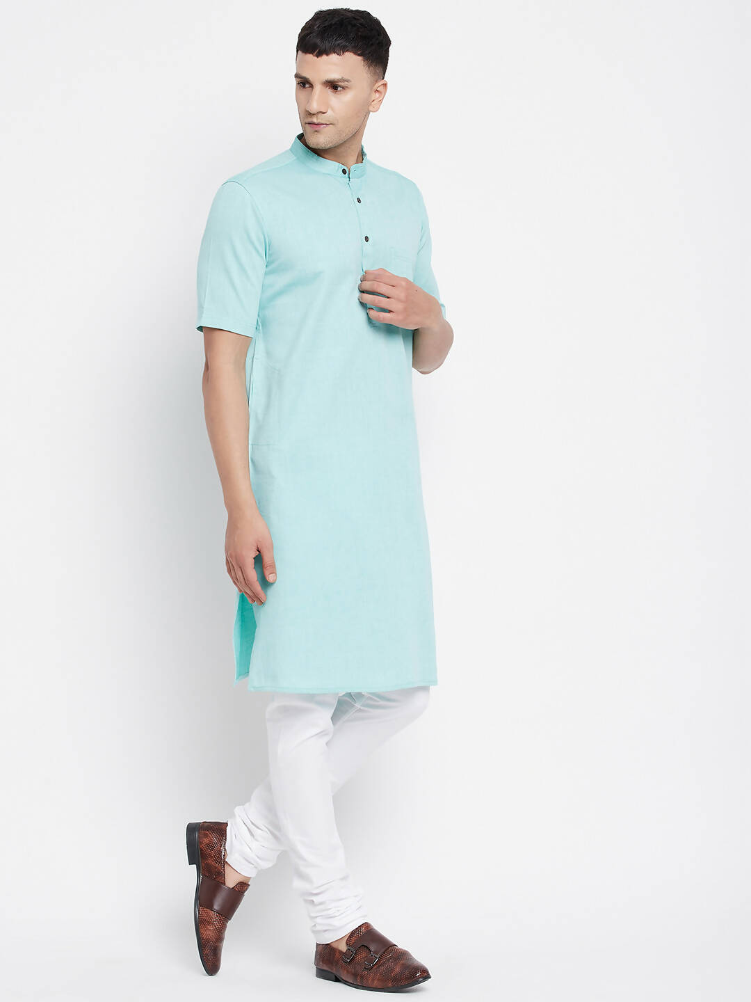 Even Apparels Green Pure Cotton Men's H/S Kurta With Band Collar | Swadesiicart