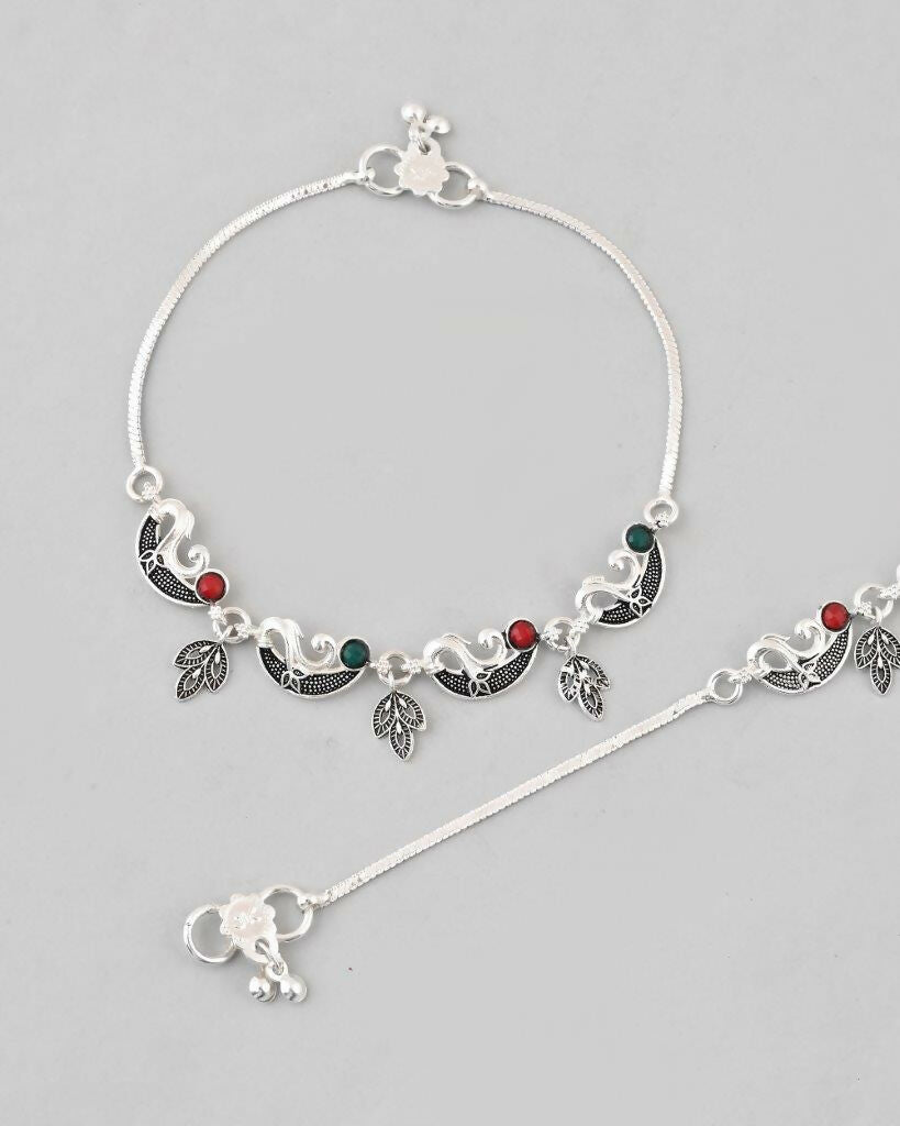 VOJ Set of 2 Silver Plated Meenakari Multi Color Anklet - Swadesiicart