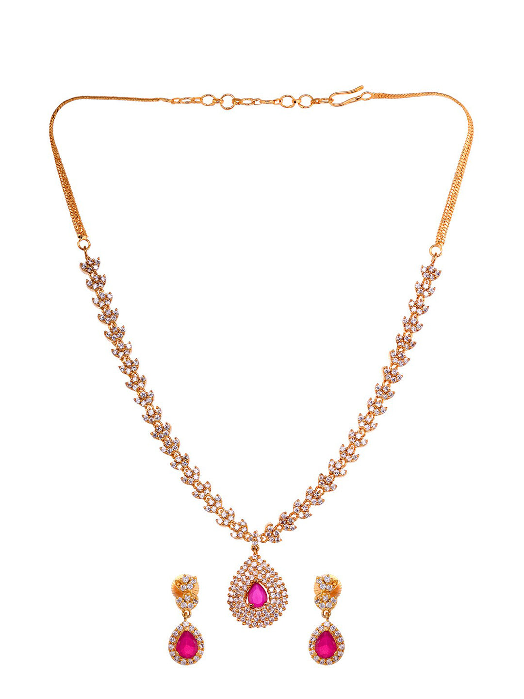 Saraf RS Jewellery Gold-Polished White & Red American Diamond Studded & Beaded Handcrafted Jewellery Set - Swadesiicart