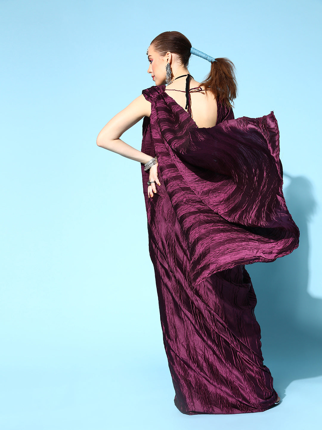 Tikhi Imli Burgundy Accordion Pleated Ready to Wear Saree | Swadesiicart