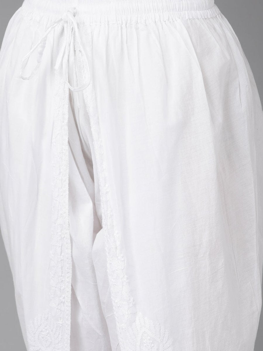 ADA Women White Cotton Sustainable Hand Embroidered Chikankari A-line Handloom Kurta & Dhoti Pants | Swadesiicart