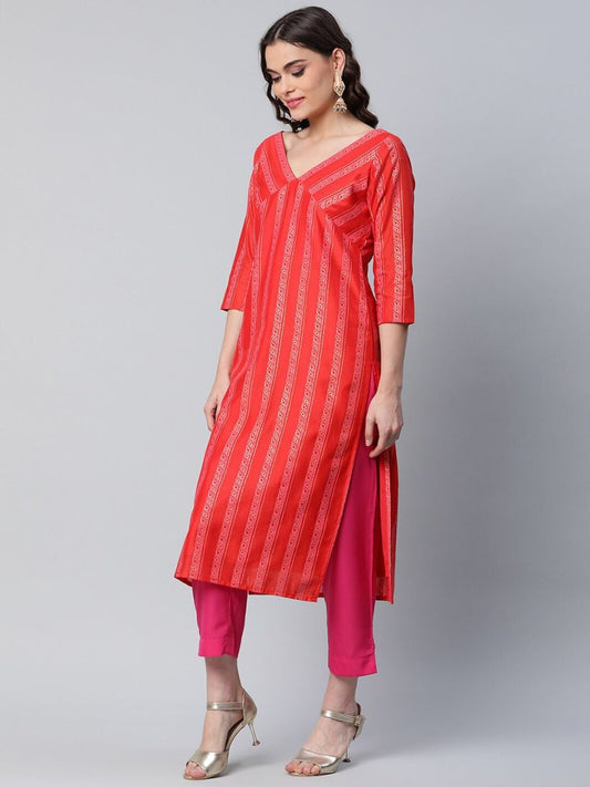 Ahalyaa Women Red Striped Kurta with Trousers | Swadesiicart