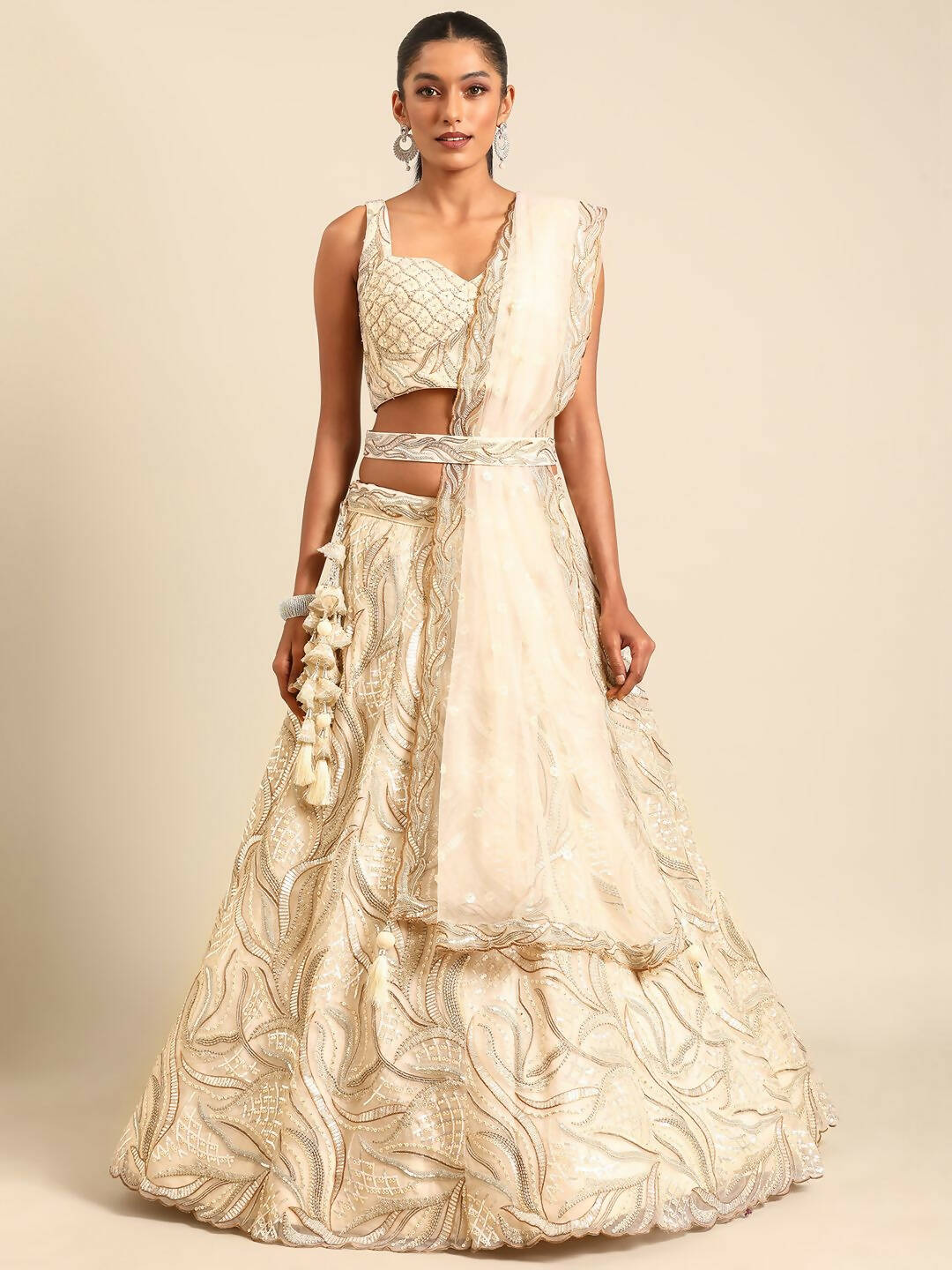 House of Panchhi Cream Net Sequins and Zarkan embroidery Lehenga choli & Dupatta | Swadesiicart