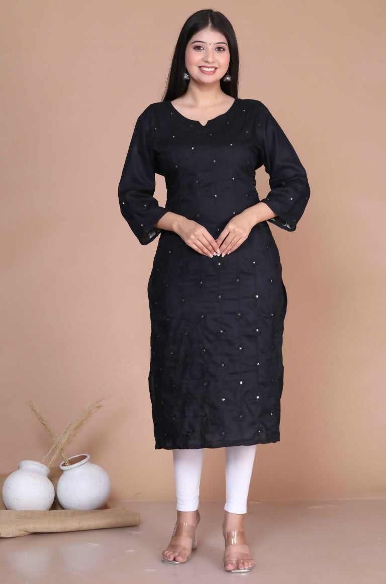 Miravan Women's Black Embroidered And Mirror Work Pakistani Straight Kurti - Swadesiicart