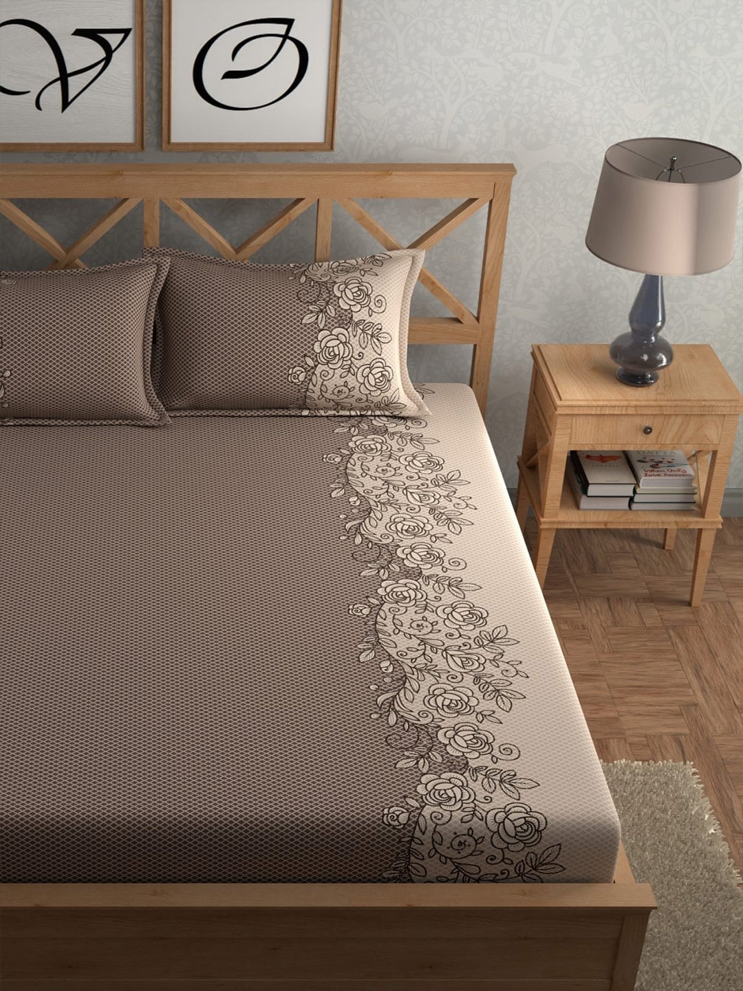 CHHAVI INDIA Brown Ethnic Motifs Cotton 210 TC King Bedsheet with 2 Pillow Covers - Swadesiicart