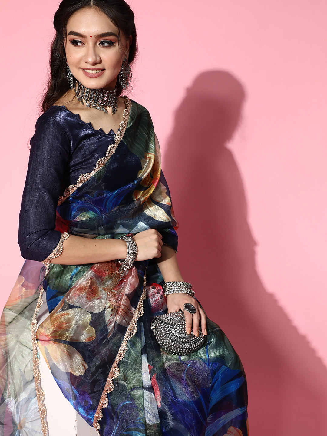 Tikhi Imli Navy Blue Saree with Zari border | Swadesiicart