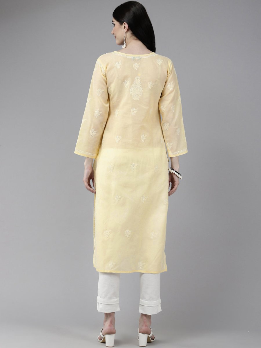 ADA Women Cream-Coloured & White Ethnic Motifs Embroidered Chikankari Cotton Kurta | Swadesiicart