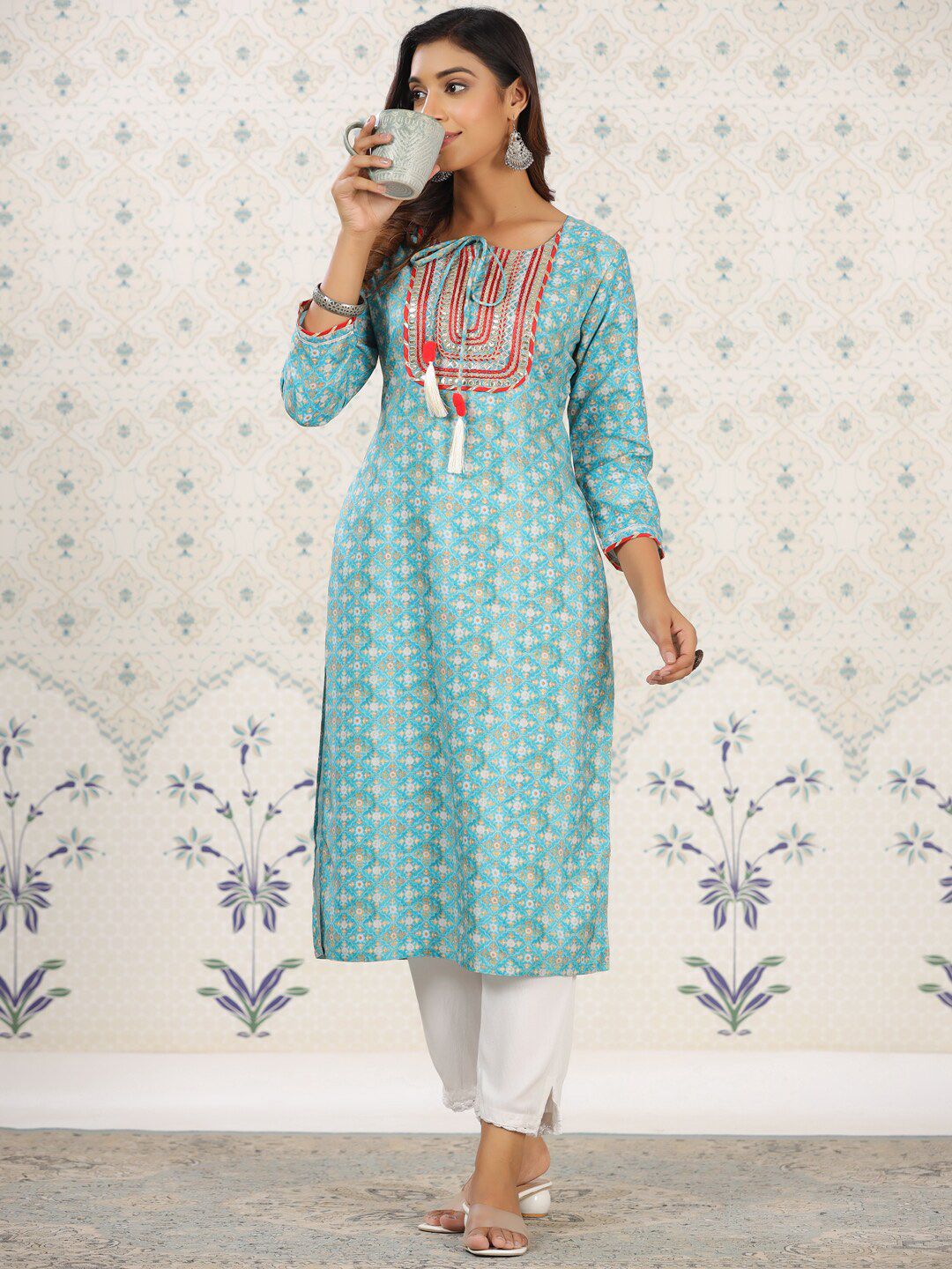Ode by House of Pataudi Sea Green Ethnic Printed Tie-Up Neck Gotta Patti Straight Kurta - Swadesiicart