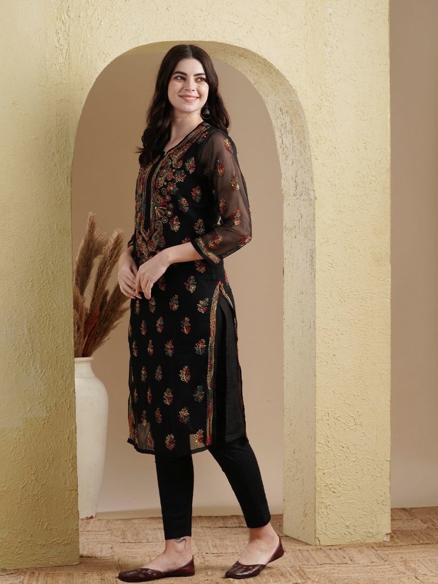 ADA Women Black Embroidered Regular Chikankari Kurta with Trousers | Swadesiicart
