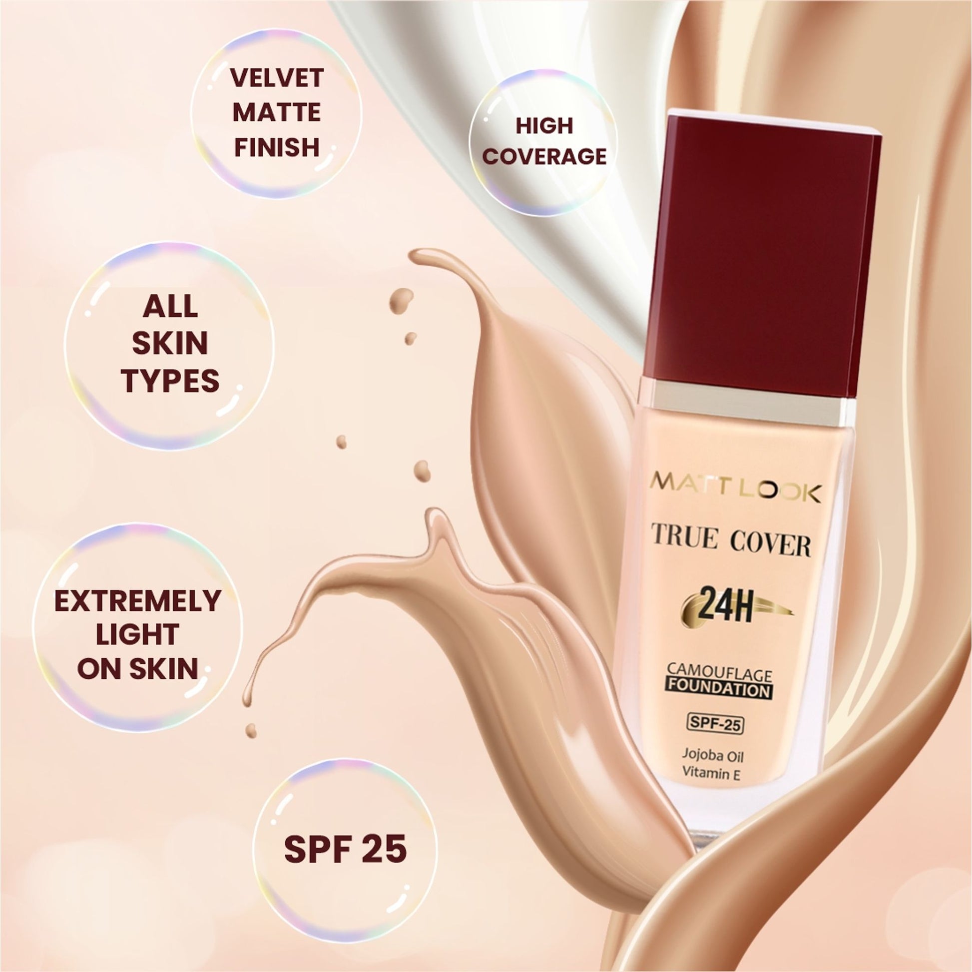 Matt Look True Cover Camouflage 24Hrs Long Stay Foundation - Rose Beige - Swadesiicart
