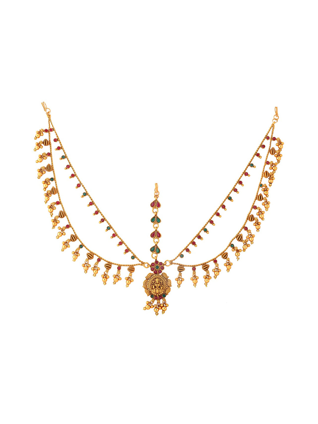 Yellow Chimes Gold-Polished Pink & Green Stone Studded Ghungroo Beaded Mathapatti | Swadesiicart