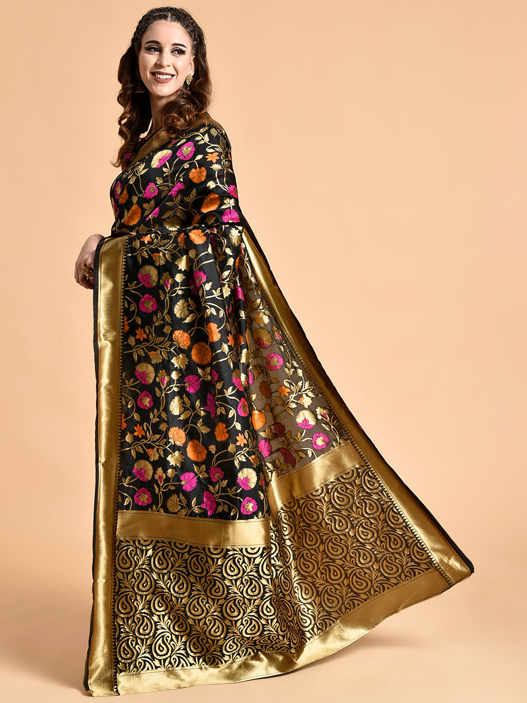 Sangria Black & Pink Floral Zari Silk Blend Banarasi Saree | Swadesiicart
