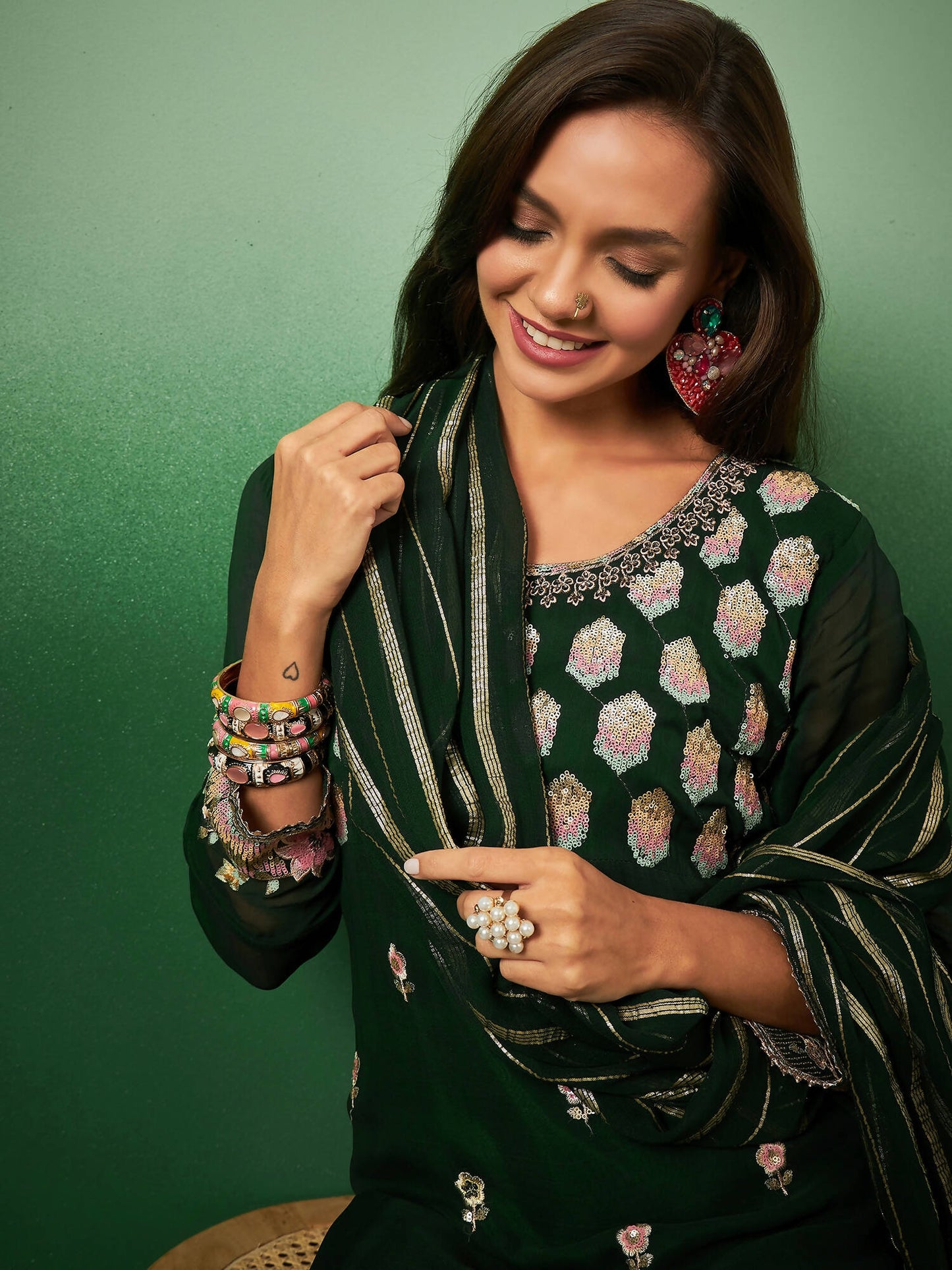 Green Georgette Handwork Unstitched Dress Material - Hanika | Swadesiicart