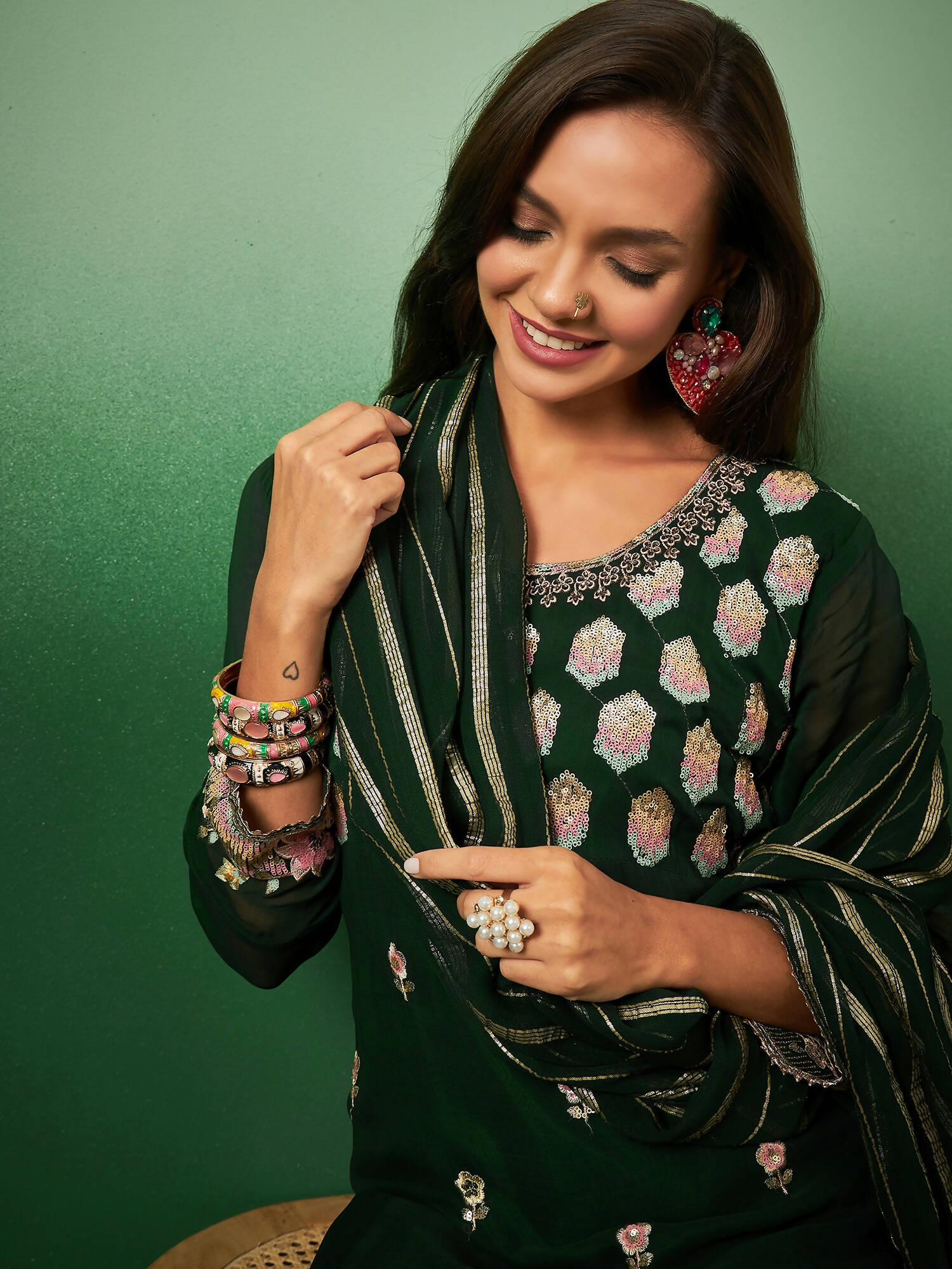 Green Georgette Handwork Unstitched Dress Material - Hanika | Swadesiicart