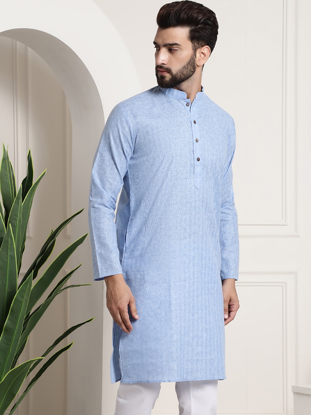 Sojanya Men Blue Dobby Self-Checked Straight Kurta | Swadesiicart