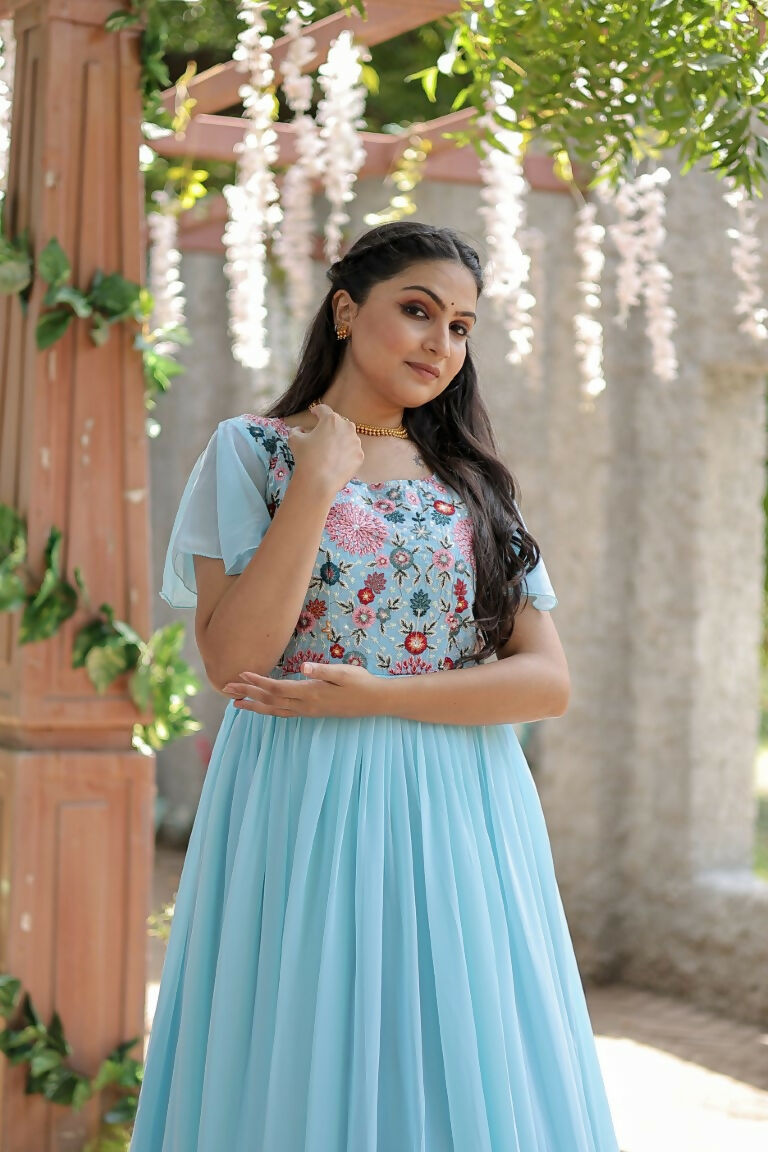 Jyoti Fashion Women's Sky Blue Sequins Thread Embroidery Faux Georgette Anarkali Dress | Swadesiicart