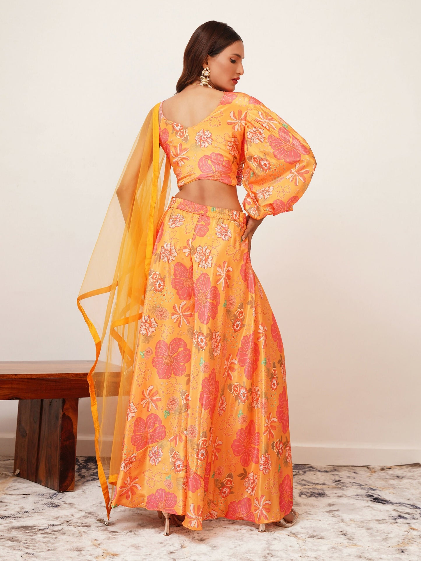 Orange Digital Chinon Handwork Top with Palazzo & Dupatta - Naomika - Swadesiicart