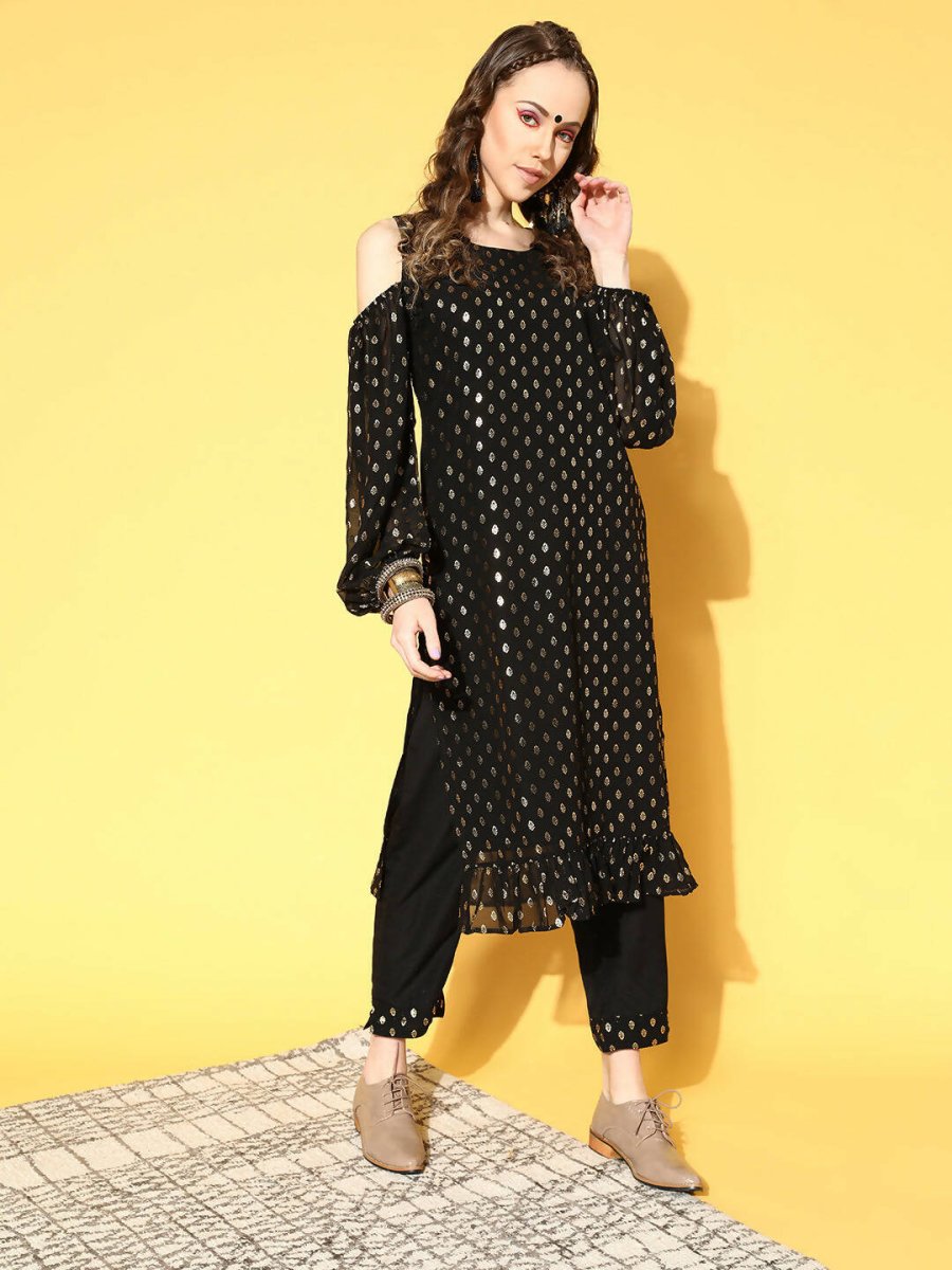 Ahalyaa Women Black Colour Georgette Gold Foil Printed Kurta Pant Set | Swadesiicart