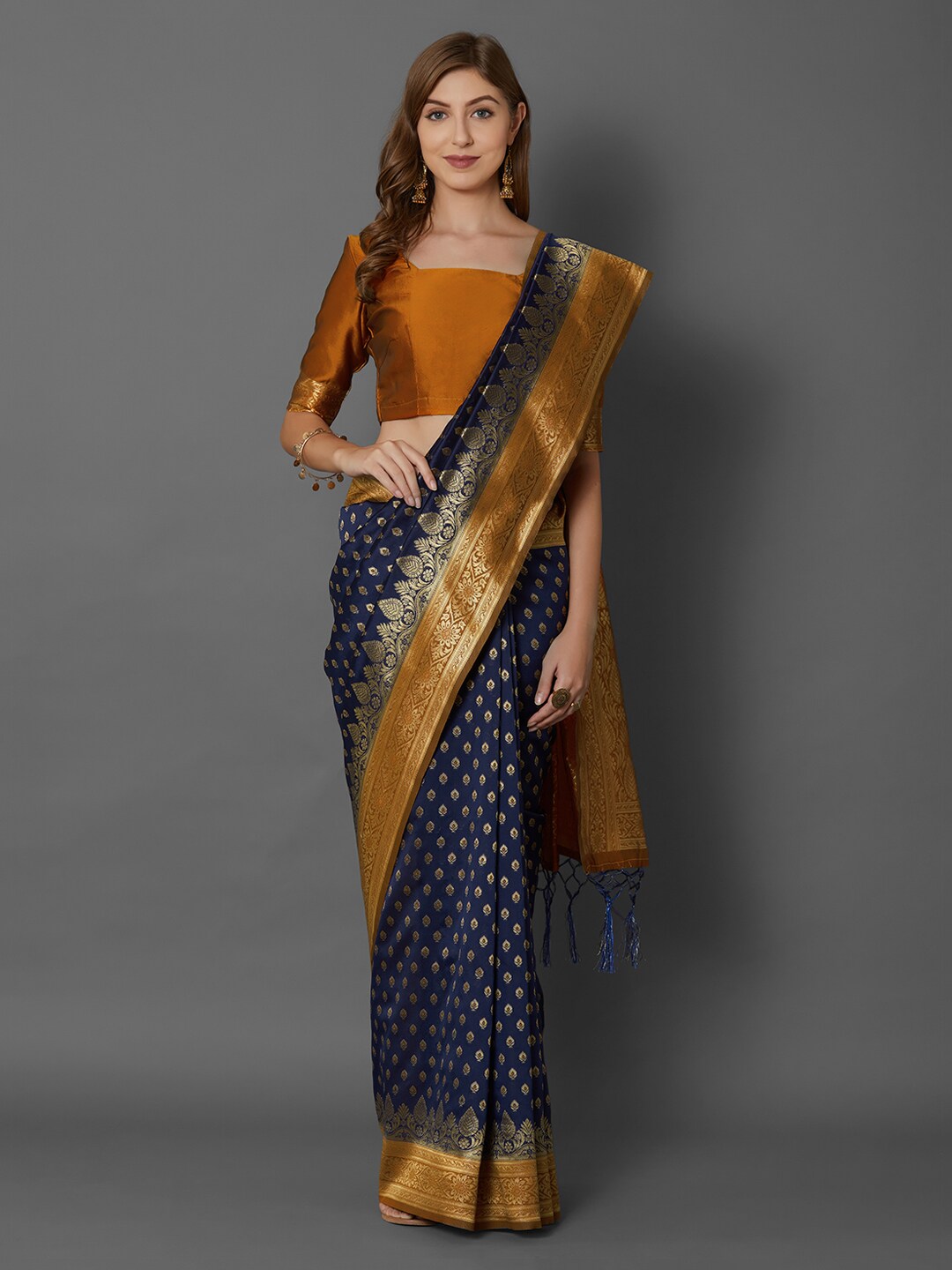 Mitera Navy Blue Silk Blend Woven Design Banarasi Saree | Swadesiicart