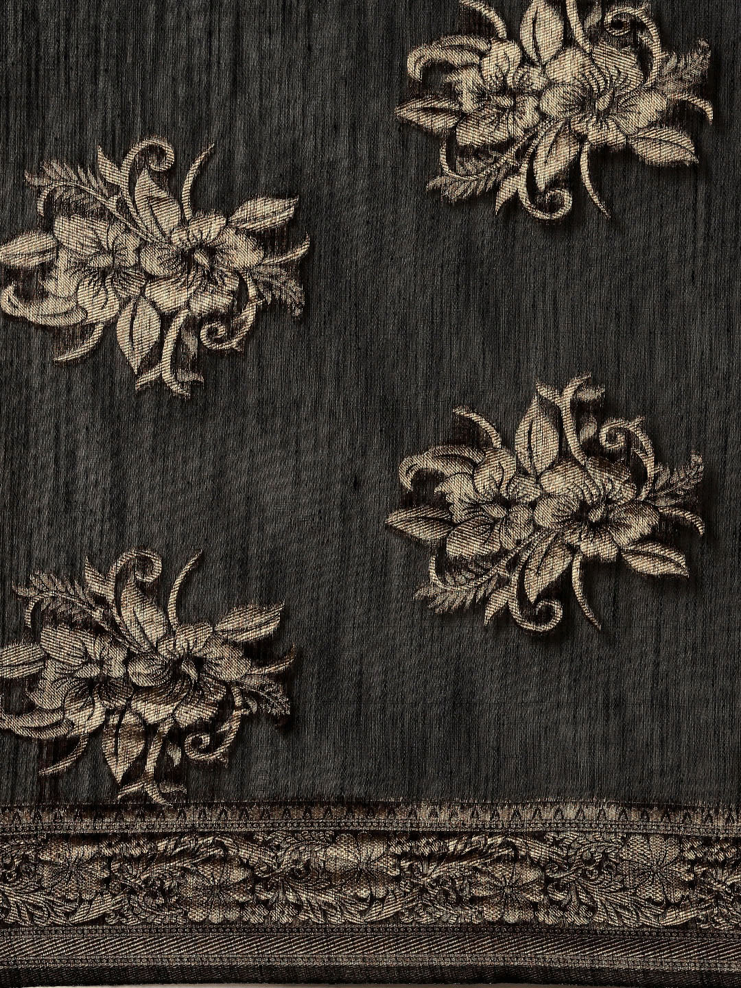 Saree Mall Black Floral Linen Blend Banarasi Saree | Swadesiicart