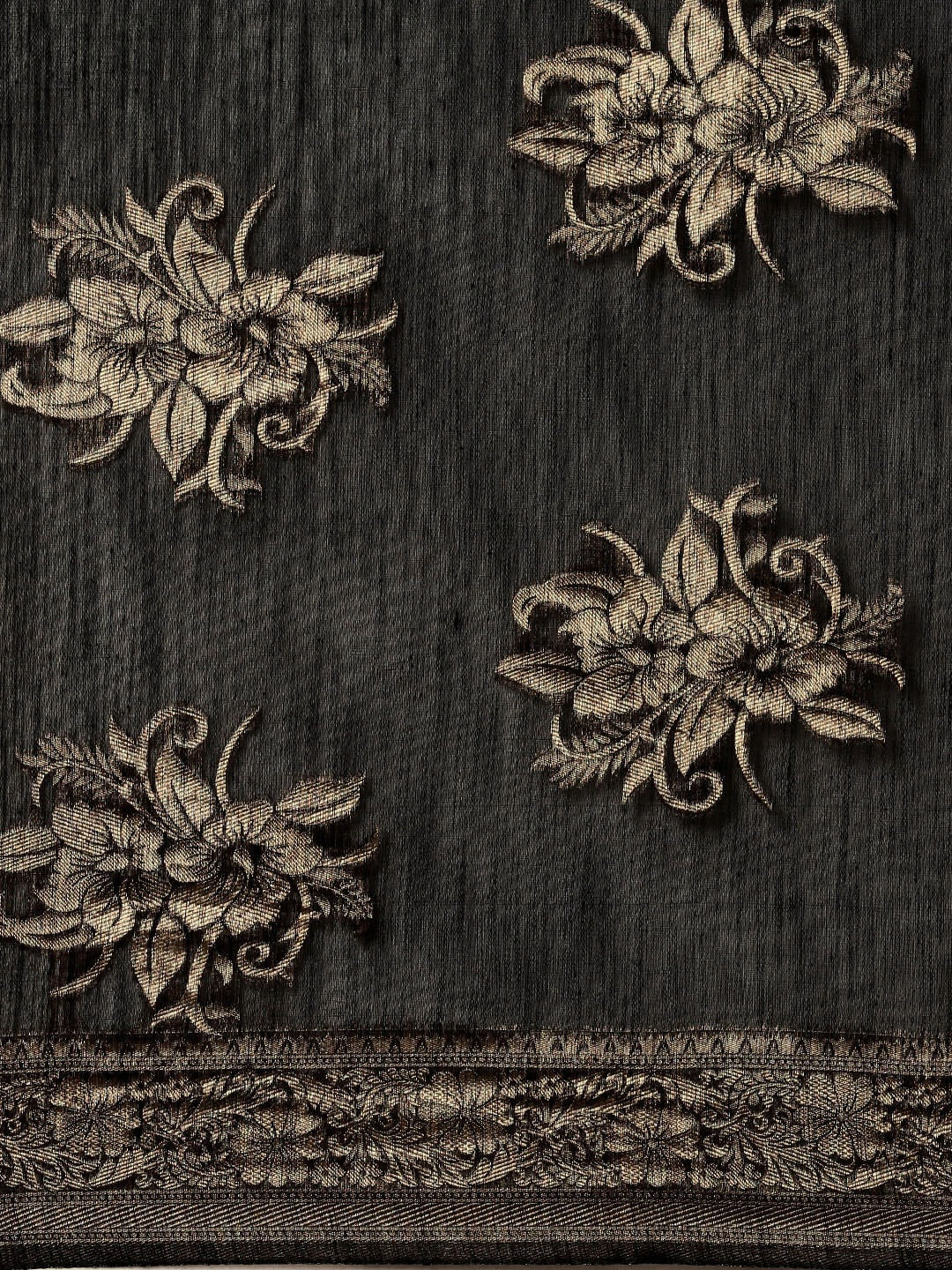 Saree Mall Black Floral Linen Blend Banarasi Saree | Swadesiicart