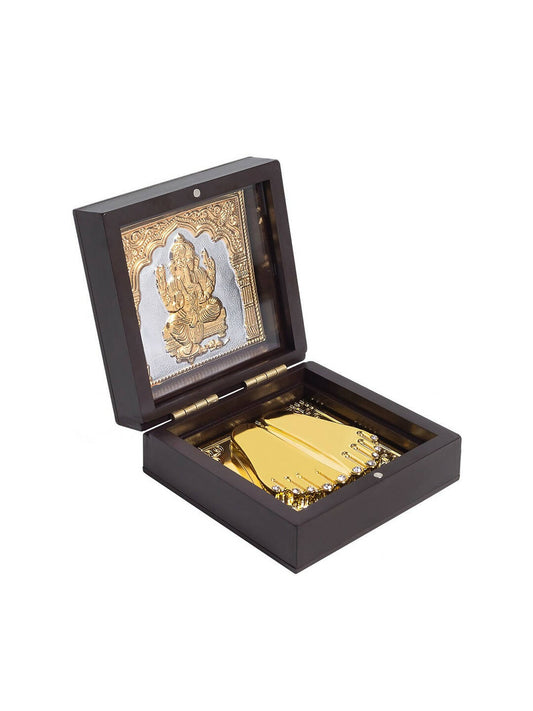 Golden Peacock Brown Wooden Ganesha Prayer Box | Swadesiicart