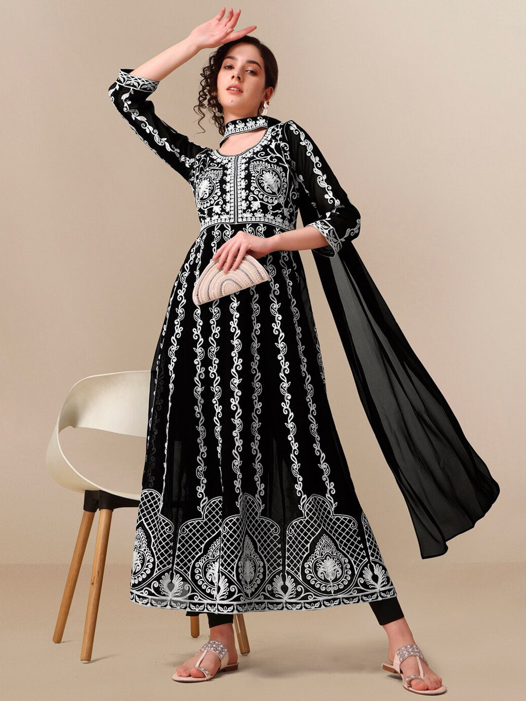 HERE&NOW Black Lucknowi Chikankari Embroidered Georgette Anarkali Kurta with Dupatta | Swadesiicart