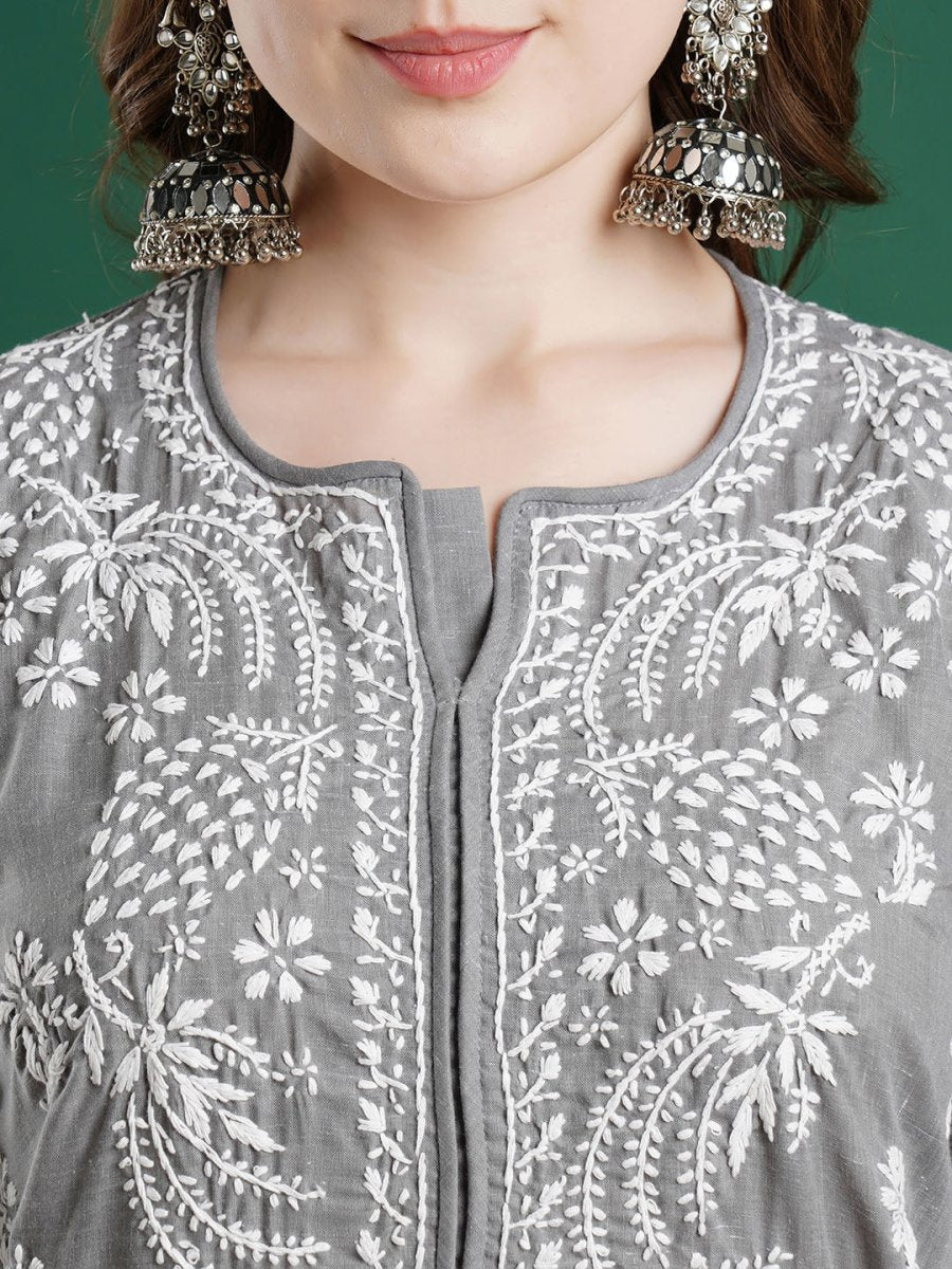 ADA Women Grey & White Chikankari Embroidered Straight Kurta | Swadesiicart