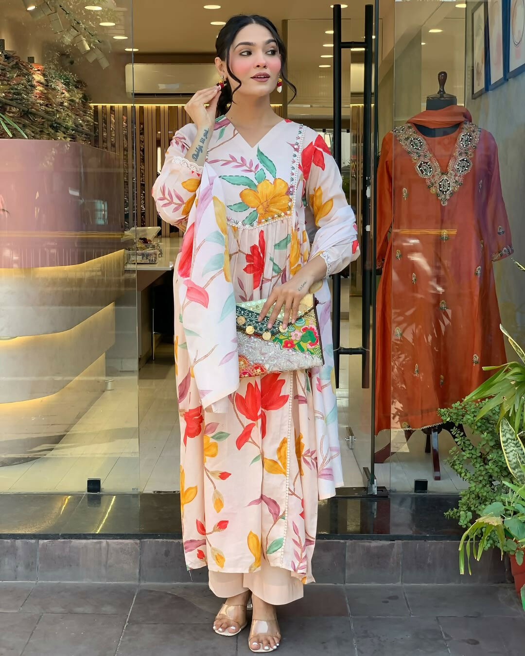 The52 Peach Women's Gorgeous Cotton Fabric Printed Work Straight Kurta Pant and Dupatta Set - Swadesiicart