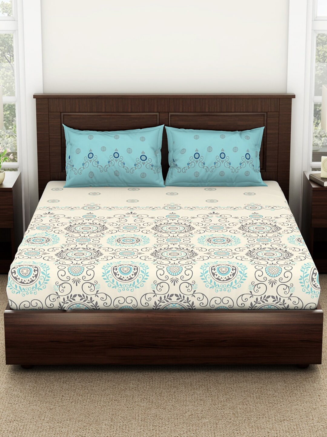 SPACES Reagalis Cream Ethnic Motifs 140 TC Cotton Queen Bedsheet & 2 Pillow Covers - Swadesiicart