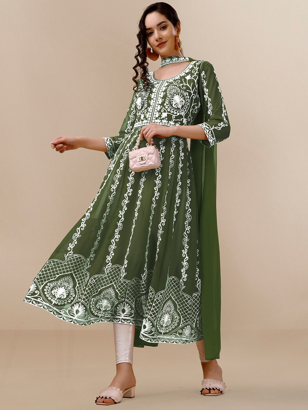 HERE&NOW Green & White Ethnic Motifs Embroidered Chikankari Kurta & Dupatta | Swadesiicart