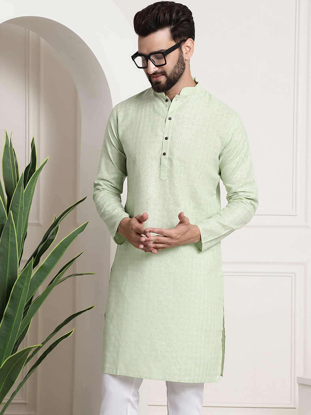 Sojanya Men Green Dobby Checked Straight Kurta | Swadesiicart