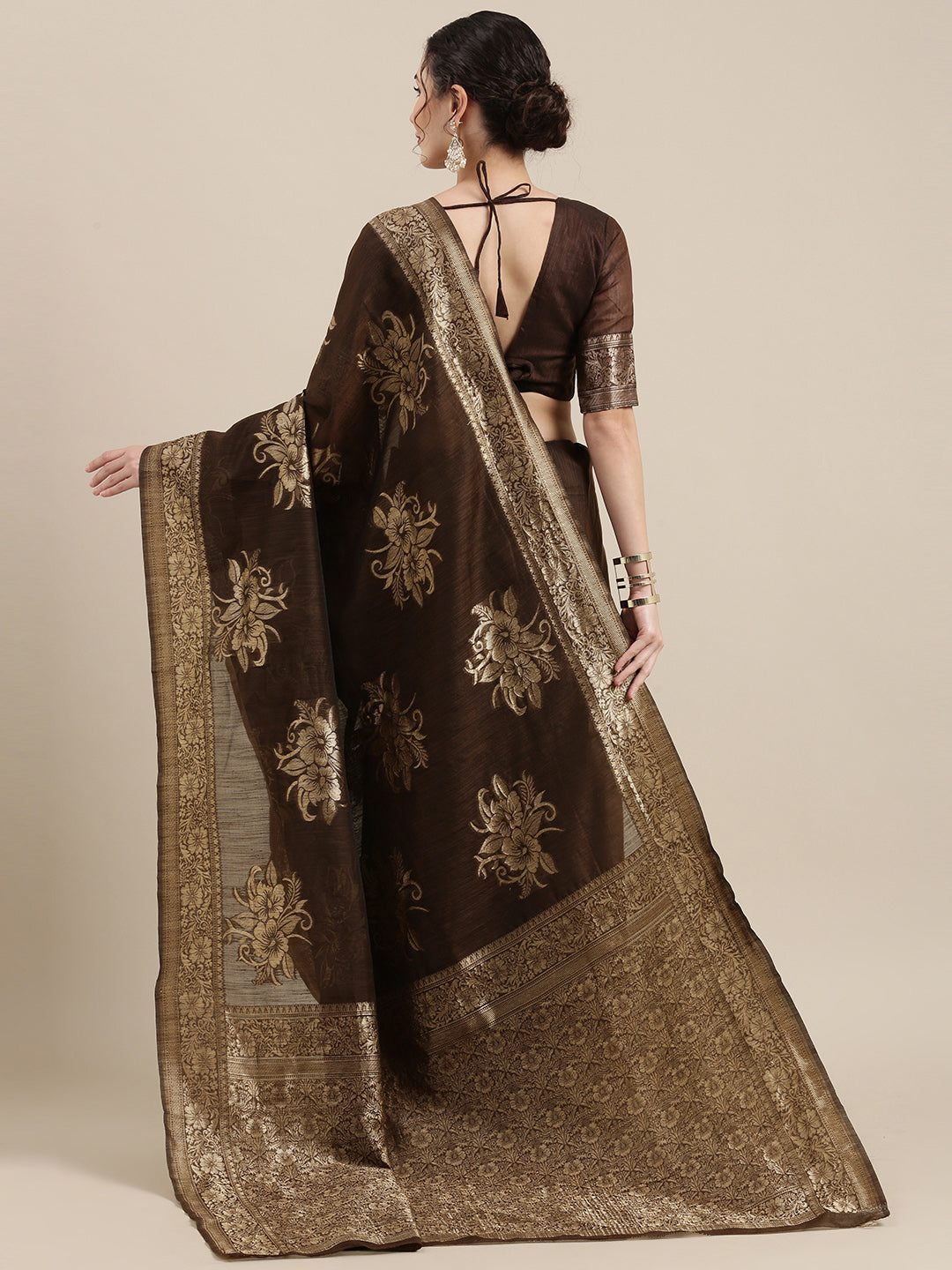 Saree Mall Brown Floral Linen Blend Banarasi Saree | Swadesiicart