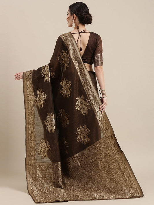 Saree Mall Brown Floral Linen Blend Banarasi Saree | Swadesiicart