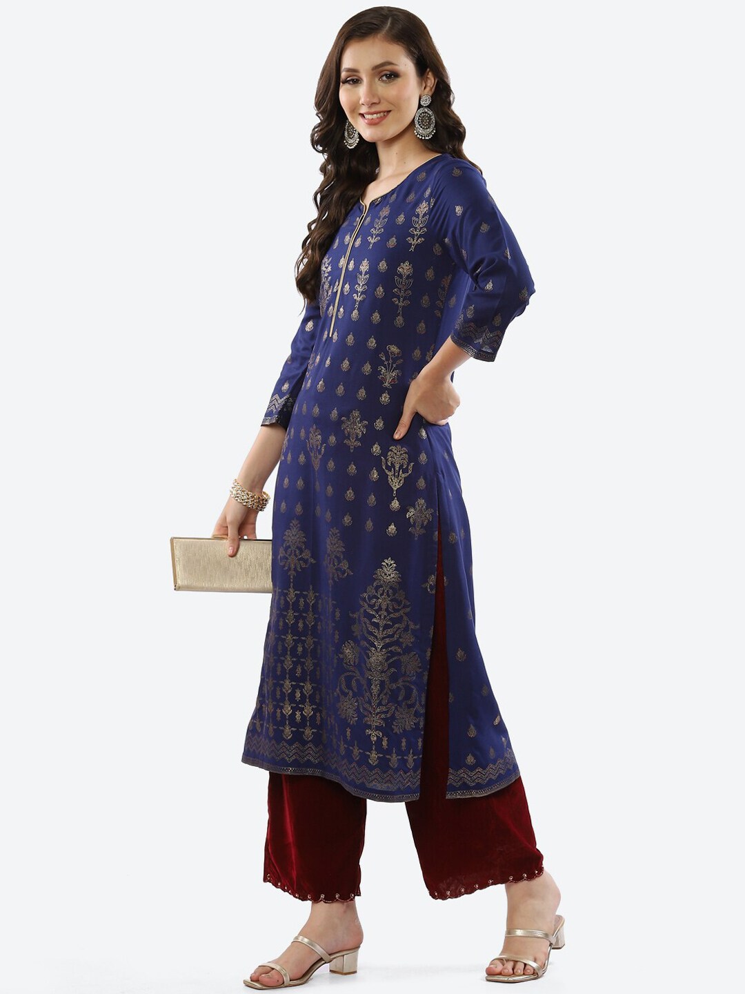 Biba Women Blue Ethnic Motifs Printed Rayon Kurta - Swadesiicart