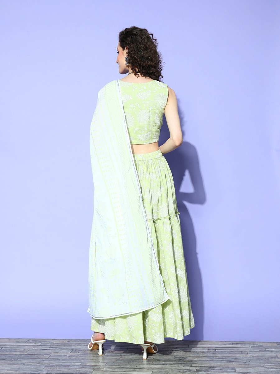 Ahalyaa Pure Cotton Green & White Printed Khari Print Ready to Wear Lehenga & Blouse With Dupatta | Swadesiicart