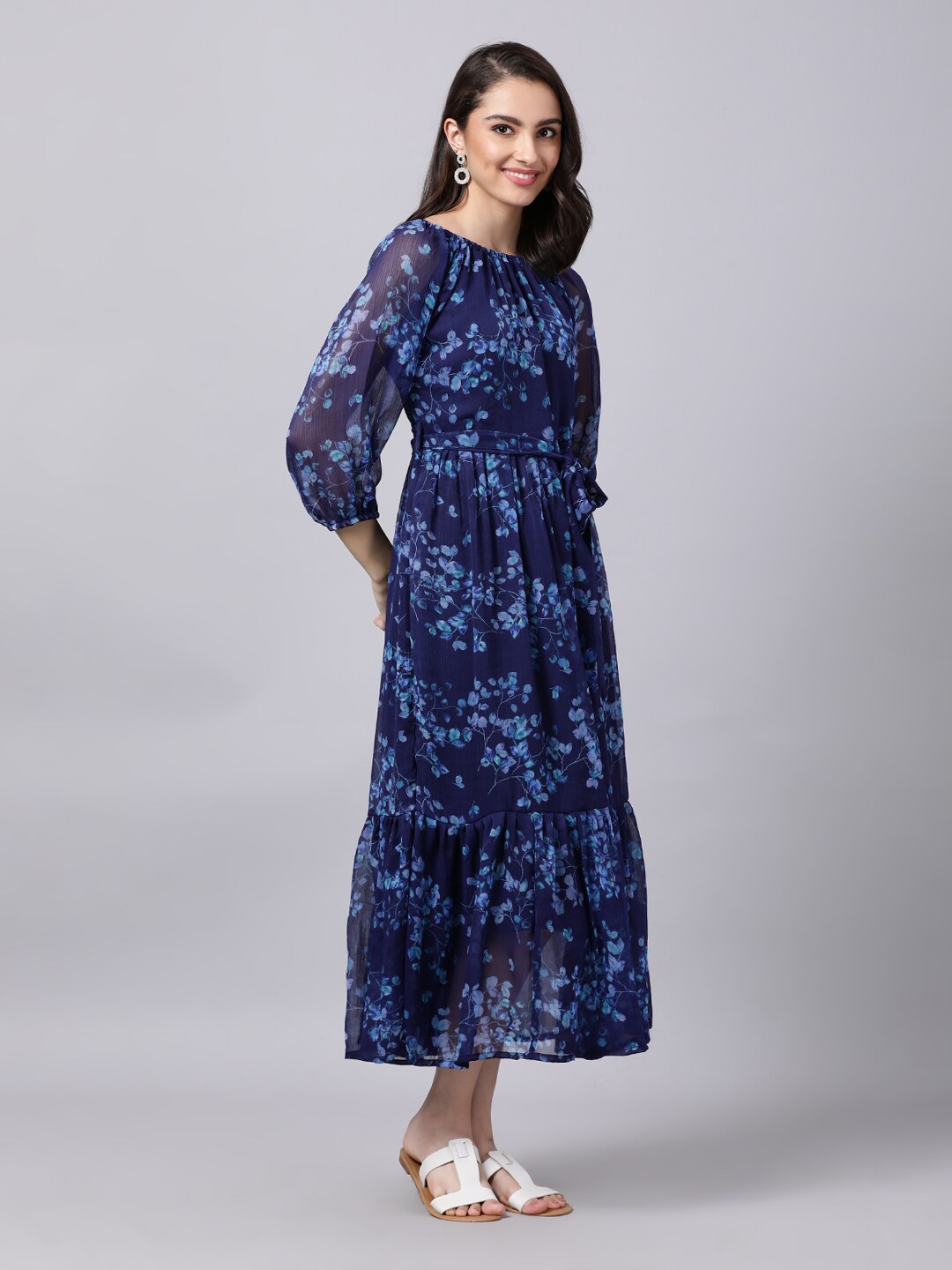 Souchii Navy Blue Floral Layered Chiffon A-Line Midi Dress - Swadesiicart