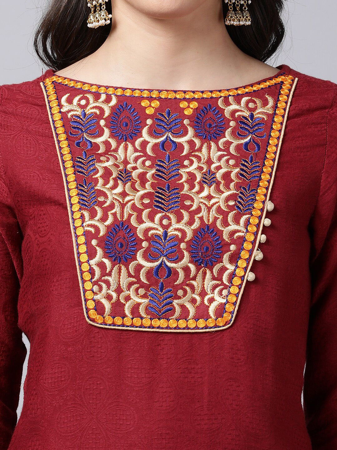 Souchii Maroon & Yellow Thread Work Grandeur & Majestic Artwork Cotton Kurta - Swadesiicart