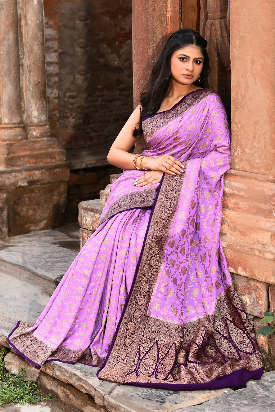 Joban Fashion Lavender Crepe Chiffon Pure Handloom Banarasi Silk Saree | Swadesiicart