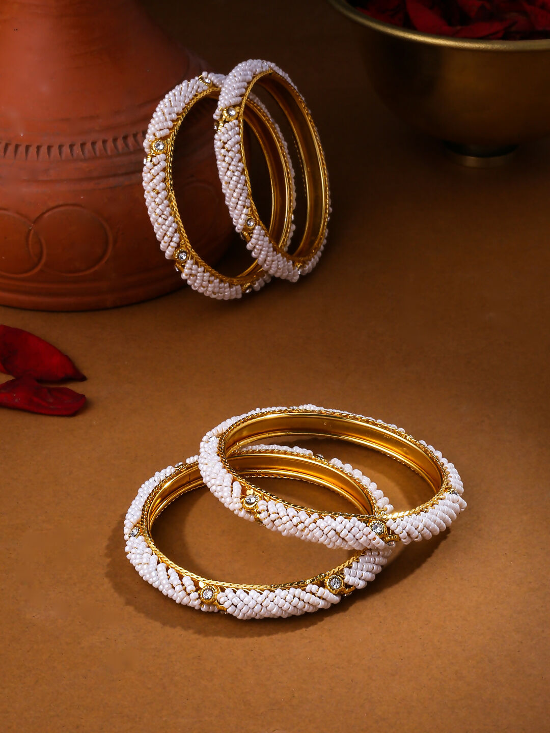 NVR Women Set of 2 Gold-Polished Traditional Pearls Beaded Bangles - Swadesiicart