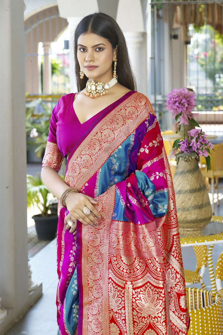 Vishnu Weaves Women's Pink Banarasi Silk Zari Woven Saree with Blouse - Swadesiicart