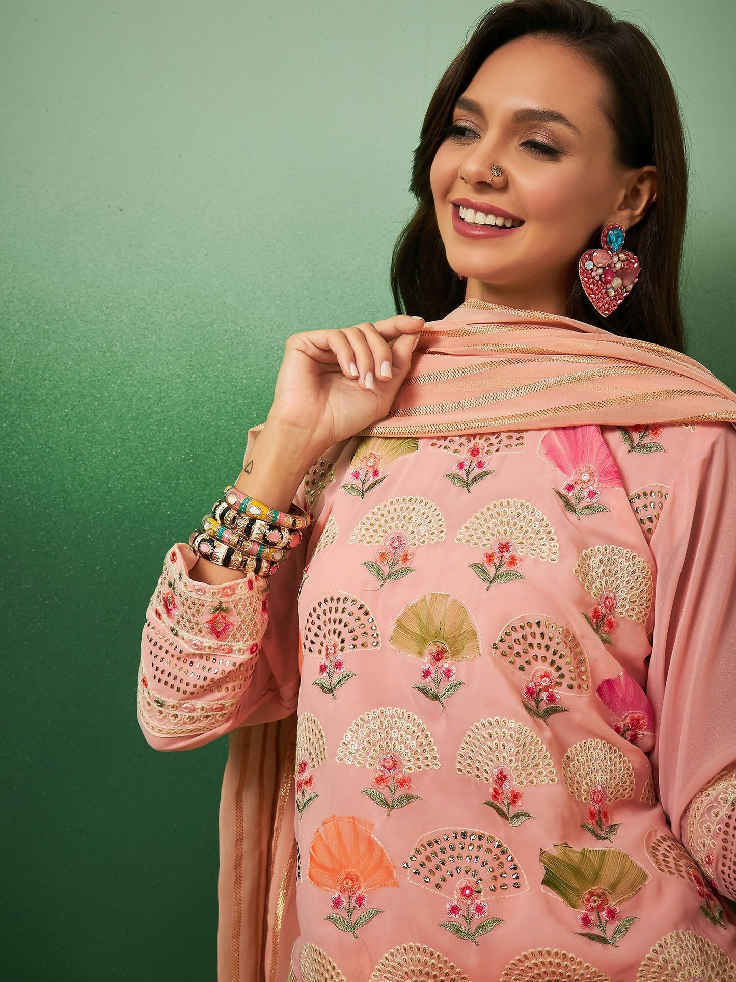 Peach Georgette Handwork Unstitched Dress Material - Hanika | Swadesiicart