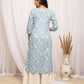 FIORRA Women's Floral Printed Sky Blue Cotton Straight Kurta - Swadesiicart