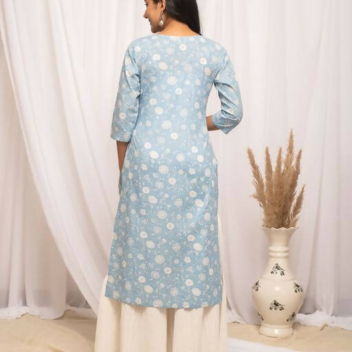 FIORRA Women's Floral Printed Sky Blue Cotton Straight Kurta - Swadesiicart