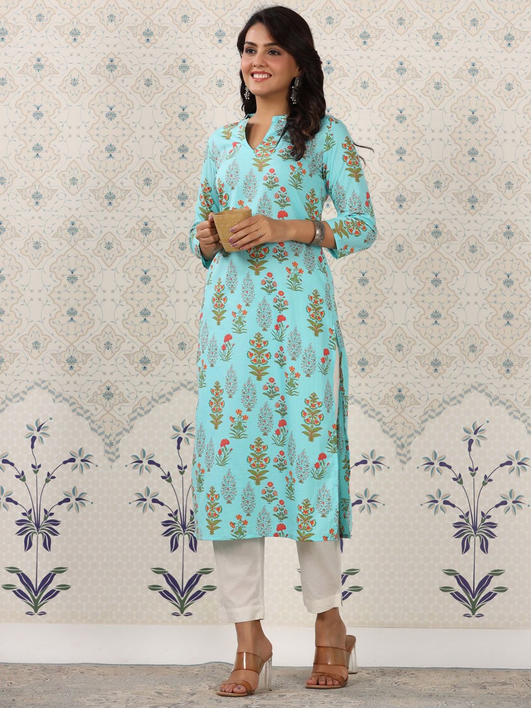 Ode by House of Pataudi Floral Printed Mandarin Collar Pure Cotton Kurta - Swadesiicart