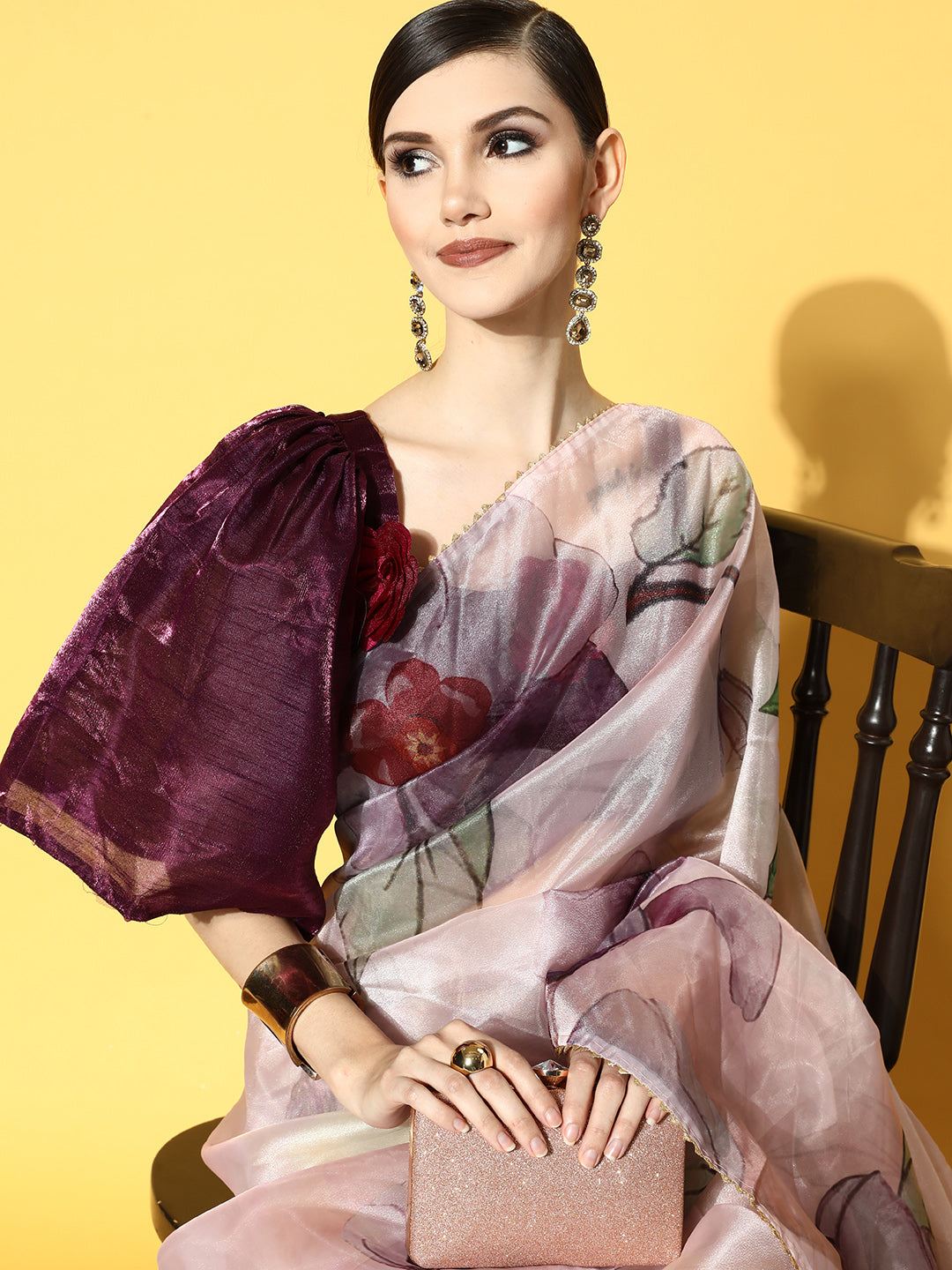 Tikhi Imli Pink & Mauve Floral Organza Saree | Swadesiicart