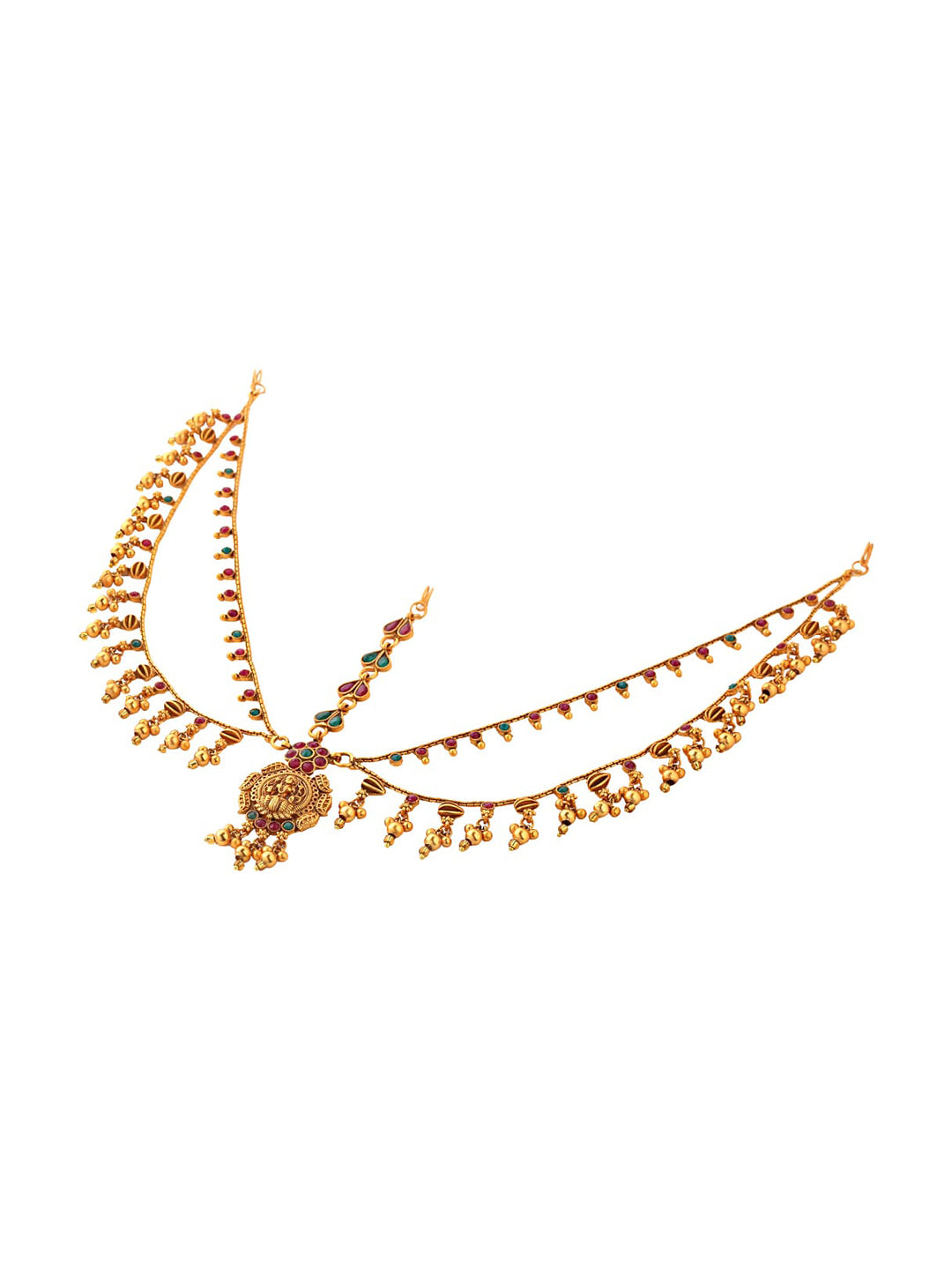 Yellow Chimes Gold-Polished Pink & Green Stone Studded Ghungroo Beaded Mathapatti | Swadesiicart