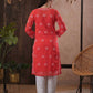 ADA Women Red & White Chikankari Hand Embroidered Semi-Sheer Straight Sustainable Handloom Kurta | Swadesiicart