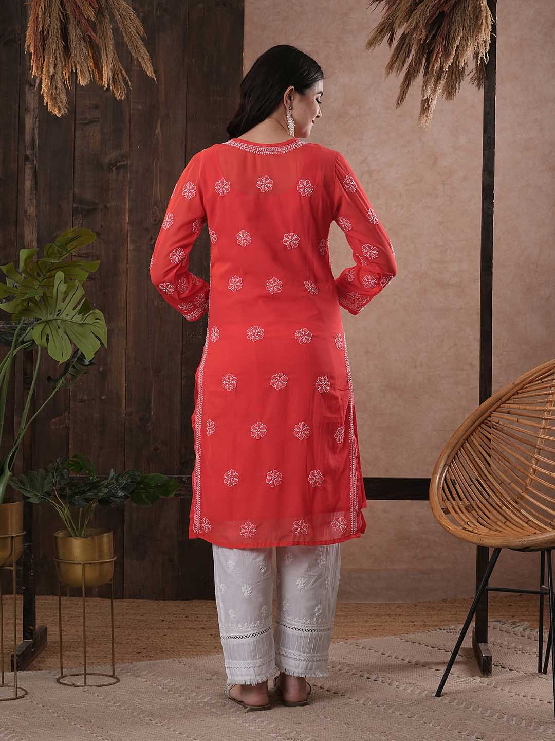 ADA Women Red & White Chikankari Hand Embroidered Semi-Sheer Straight Sustainable Handloom Kurta | Swadesiicart